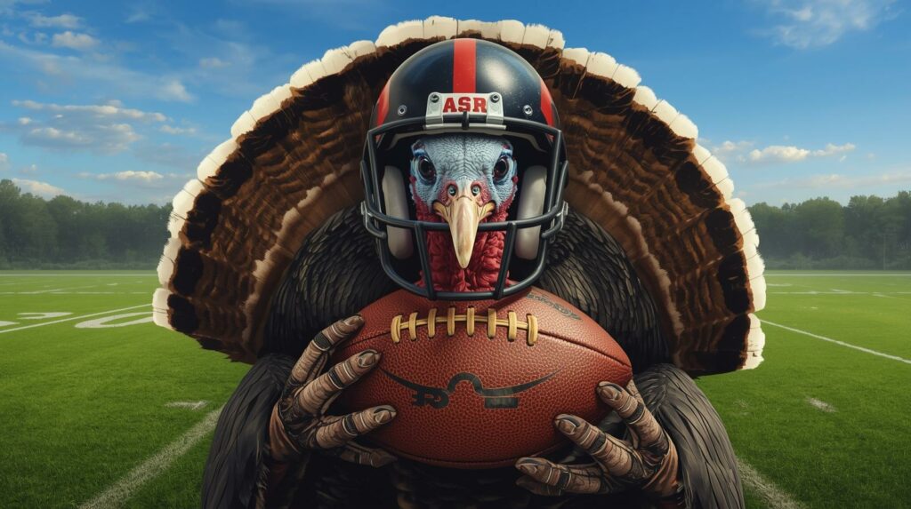 please create a realistic turkey with a football helmet on and holding a football looking at me with a football field in the background-3